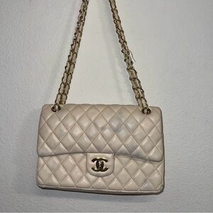 Chanel Classic Double Flap Bag Beige Lambskin Leather Gold Hardware Medium Size